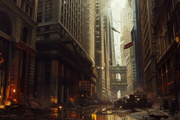 A city street bustling with activity as numerous tall buildings line the thoroughfare, A steampunk interpretation of the financial district, AI Generated