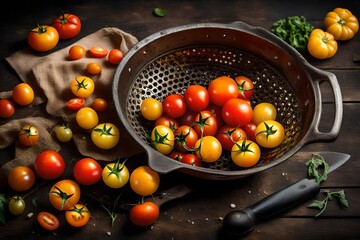 yellow and red tomatoes in an iron colander on the table - obrazy, fototapety, plakaty