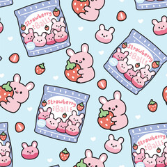 Seamless pattern of cute rabbit with dessert background.Strawberry flavor ball bunny face shape.Rodent animal cartoon.Fruit.Snack.Sweet.Kawaii.Vector.Illustration.
