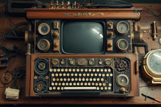 An image of an old fashioned television resting on top of a sturdy wooden table, A steampunk interpretation of a vintage computer, AI Generated
