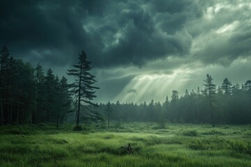 A grassy field with a dense forest as the backdrop, A storm as seen from the edge of the forest, AI Generated