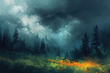 A painting showcasing a dark forest filled with vibrant yellow flowers, A storm as seen from the edge of the forest, AI Generated