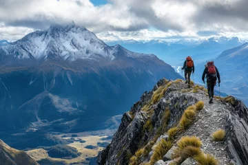 Crédence de cuisine en verre imprimé Everest A couple of hikers standing on the summit of Mount Everest, taking in the breathtaking panoramic view, A strenuous mountain climb aided by a caring friend, AI Generated