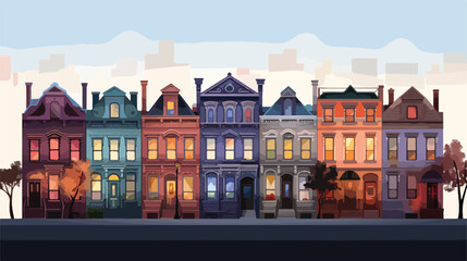 A row of brownstone rowhouses at twilight  - obrazy, fototapety, plakaty