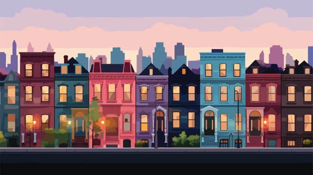 A row of brownstone rowhouses at twilight 