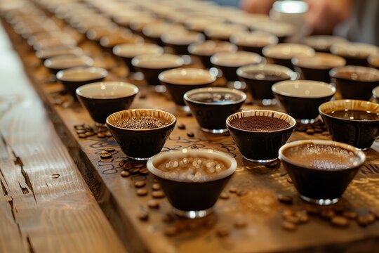 Close-Up Coffee Cupping Session, Rustic Wooden Table