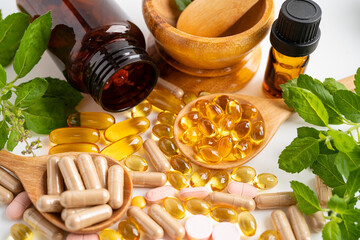 Alternative medicine herbal organic capsule with vitamin E omega 3 fish oil, mineral, drug with...