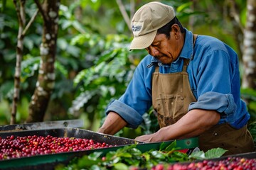 Joyful Farmer with Organic Coffee Cherries in Sustainable Farm