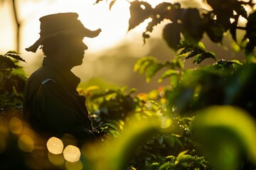 Backlit Coffee Farmer Amongst the Plants at Dawn