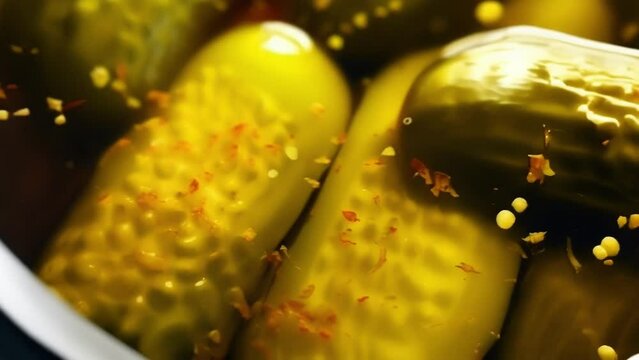 An enticing, highangle shot that takes a peek into a partially open jar, revealing plump and juicy pickle spears submerged in a clear, briny liquid, enticing even the most discerning pickle