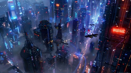 Futuristic cityscape immersed in neon lights. aerial view of a cyberpunk metropolis with hovering vehicles. high-tech urban night scene in a digital world. sci-fi city concept illustration. AI