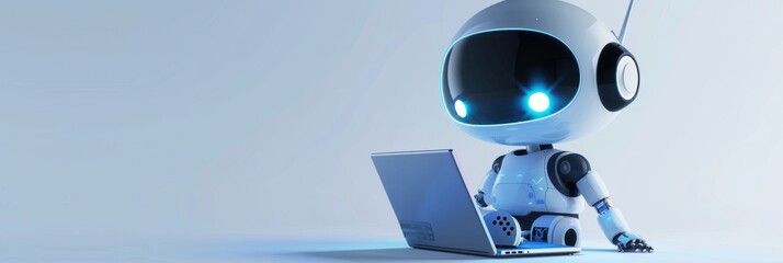 Cute friendly artificial intelligence robot using laptop computer with white neon glow light, chatbot and AI assistant concept futuristic technology 3d illustration, banner