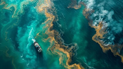 Fototapeta na wymiar Aerial View of Ship in Polluted Ocean Waters. Ship sails through swirling ocean waters tainted by pollution, highlighting environmental impact.