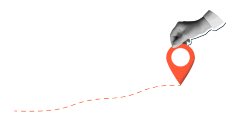 Black and white hand holds a red location pin. Destination sign in an arm in a modern collage style. Illustration on transparent background
