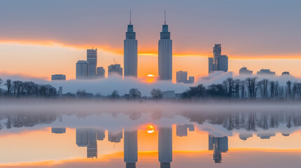 Majestic Cityscape at Dawn with Mist and Reflection