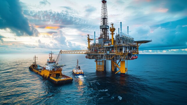 Offshore Drilling Platform with Supply Vessels. Offshore oil drilling platform with supply boats in the open sea under a cloudy sky.