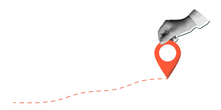 Black and white hand holds a red location pin. Destination sign in an arm in a modern collage style. Illustration on transparent background
