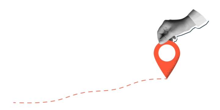 Black and white hand holds a red location pin. Destination sign in an arm in a modern collage style. Illustration on transparent background