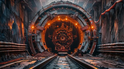 Futuristic Tunnel Boring Machine Front View. An awe-inspiring front view of a futuristic tunnel boring machine, with vibrant lights guiding the path ahead. - obrazy, fototapety, plakaty