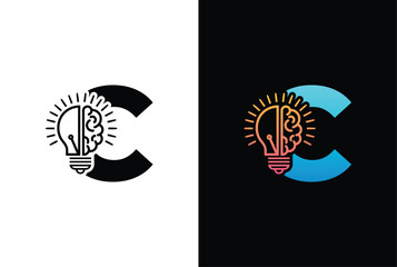 Initial letter C half of light bulb and brain isolated on white background. Letter C brain bulb logo vector design template.