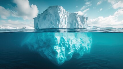 Minimalistic image of an iceberg in the ocean with a view under and above the water with a copy space. Generative AI - obrazy, fototapety, plakaty