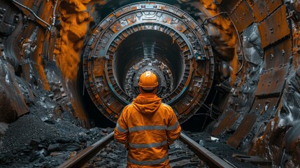 Worker Observing Tunnel Boring Machine from Tracks. Worker in orange safety gear stands on train...