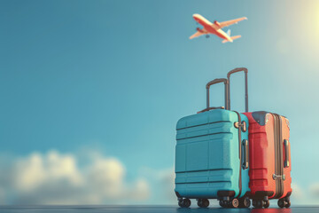 Suitcases and travel bags are placed on the runway of an airport, looking up at the sight of large passenger planes flying overhead. Travel planning and journey concept.