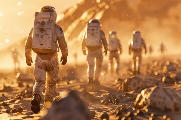 astronauts in spacesuits walk on the planet Mars. space travel, space exploration, flight to Mars, Colonization, Mars exploration