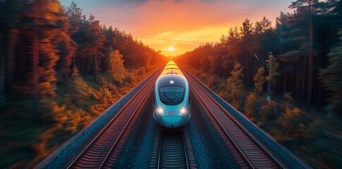 High-Speed Train Traveling Through Autumn Forest. High-speed passenger train races through a forest ablaze with autumn colors, under the golden light of sunset. - obrazy, fototapety, plakaty