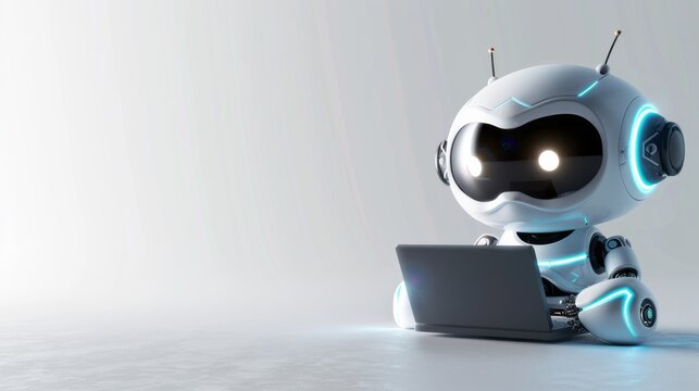 Cute friendly artificial intelligence robot using laptop computer with white neon glow light, light grey background, chatbot and AI assistant concept futuristic technology 3d illustration, banner