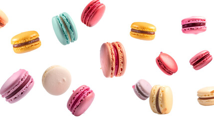colorful of macarons floating on the air isolated , Desserts sweet cake concept on transparent background