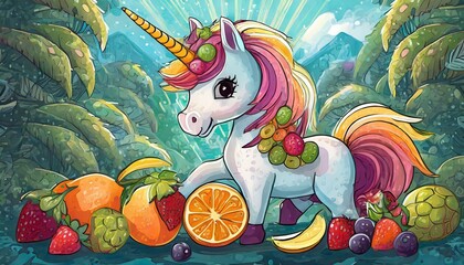 illustration of cute  unicorn with fruits 