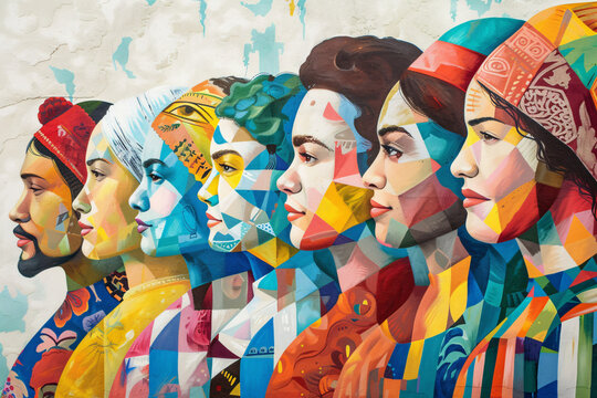 abstract, colorful illustration of different indigenous people and ethnic groups