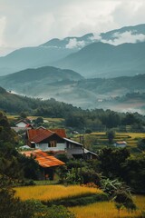 Obraz premium Embark on a journey through a picturesque countryside dotted with rolling hills and quaint farmhouses with a nature background, capturing the essence of rural charm, Generative AI