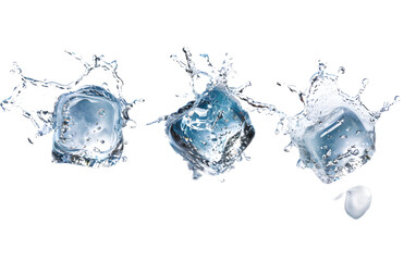 Liquid blue water flow splash and ice cubes in water splashes liquid wave on transparent background . Refreshing Blue Liquid Splash with Ice Cubes