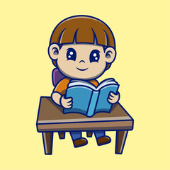 Cute a little boy studying reading book illustration. Study icon concept. Flat cartoon style.