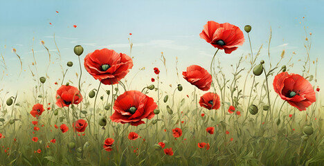 Obraz premium Beautiful field of red poppies in the sunset light ai generative