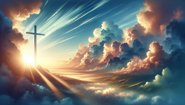 An image of a painting of the sky, clouds, and sun rays, featuring a Christian cross - Generative AI