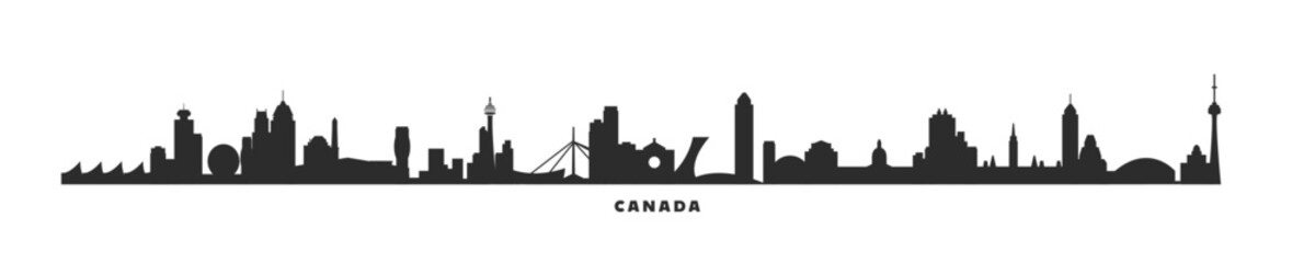 Canada country skyline with cities panorama. Vector flat banner, logo. Quebec, Ontario, Manitoba, Nova Scotia province megapolis silhouette for footer, steamer, header. Isolated graphic - obrazy, fototapety, plakaty