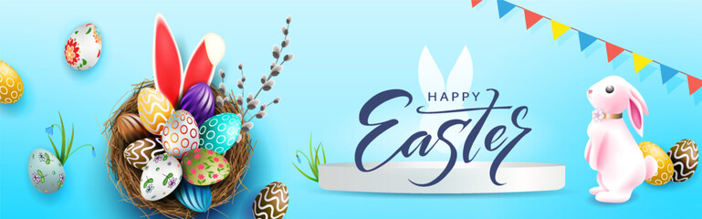 Blue card with Easter eggs in a nest, isolated cute bunny.