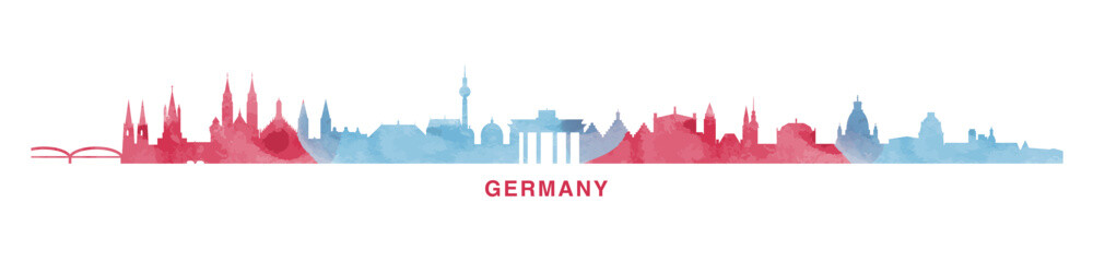 Germany country watercolor skyline with cities panorama. Vector flat banner, logo. Berlin, Frankfurt, Cologne, Hamburg, Dusseldorf silhouette for footer, steamer, header. Isolated graphic