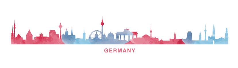 Germany country skyline with cities panorama. Vector flat banner, logo. Berlin, Bremen, Munich, Leipzig, Dortmund megapolis silhouette for footer, steamer, header. Isolated graphic - obrazy, fototapety, plakaty