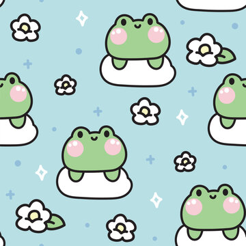 Seamless pattern of cute frog on cloud with flower sky background.Reptile animal character cartoon design.Floral.Baby clothing.Kawaii.Vector.Illustration.