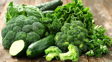 Assortment of fresh green vegetables on a wooden background. Eco-friendly healthy food. Nourishing and environmentally conscious fare for a healthy lifestyle. - obrazy, fototapety, plakaty