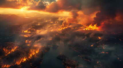 wildfires aerial view, Aerial view of massive wildfire or forest fire with burning trees and orange smoke. Generative AI.