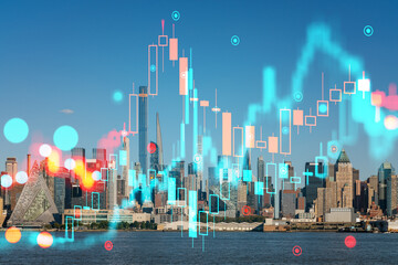 New York Manhattan cityscape with futuristic hologram overlays, a vibrant daytime photo blending...
