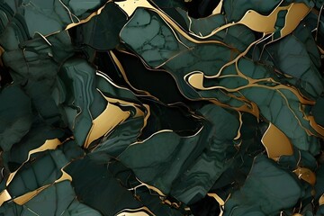 Abstract dark green natural stone marble texture with tine gold, Generative AI