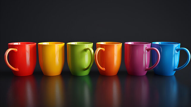 Top 7 mugs in rainbow colors on a dark background, Generative Ai 