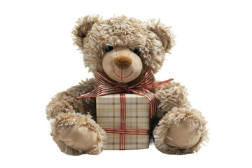 Plush Teddy Bear with Gift Box Isolated on Transparent Background.