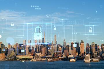 New York City skyline with holographic cybersecurity concept overlay, futuristic light style on urban background. Double exposure